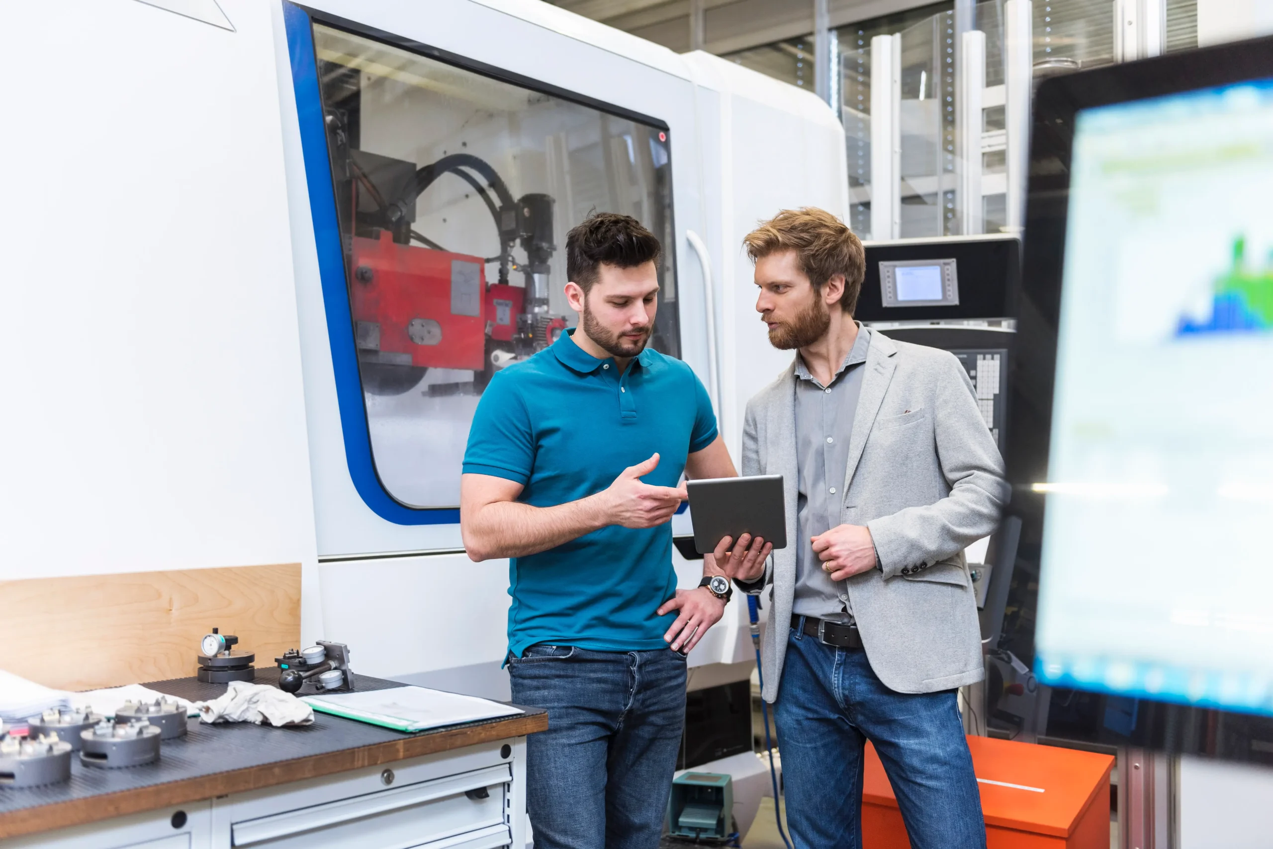 Dos hombres conversando frente robot